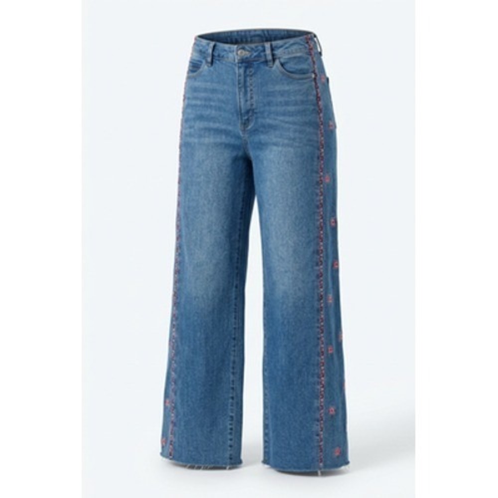 Tribal Jeans Women 8 Blue High Rise Wide Leg Embroidered Floral Boho Whimsical